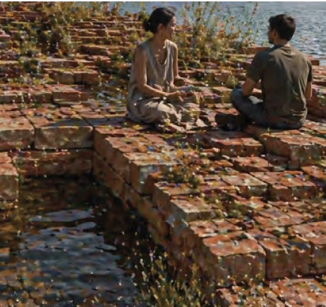 Two visitors sitting and talking on the sunlit brick steps of the memorial, at the edge where the brick surface meets shallow harbor water.